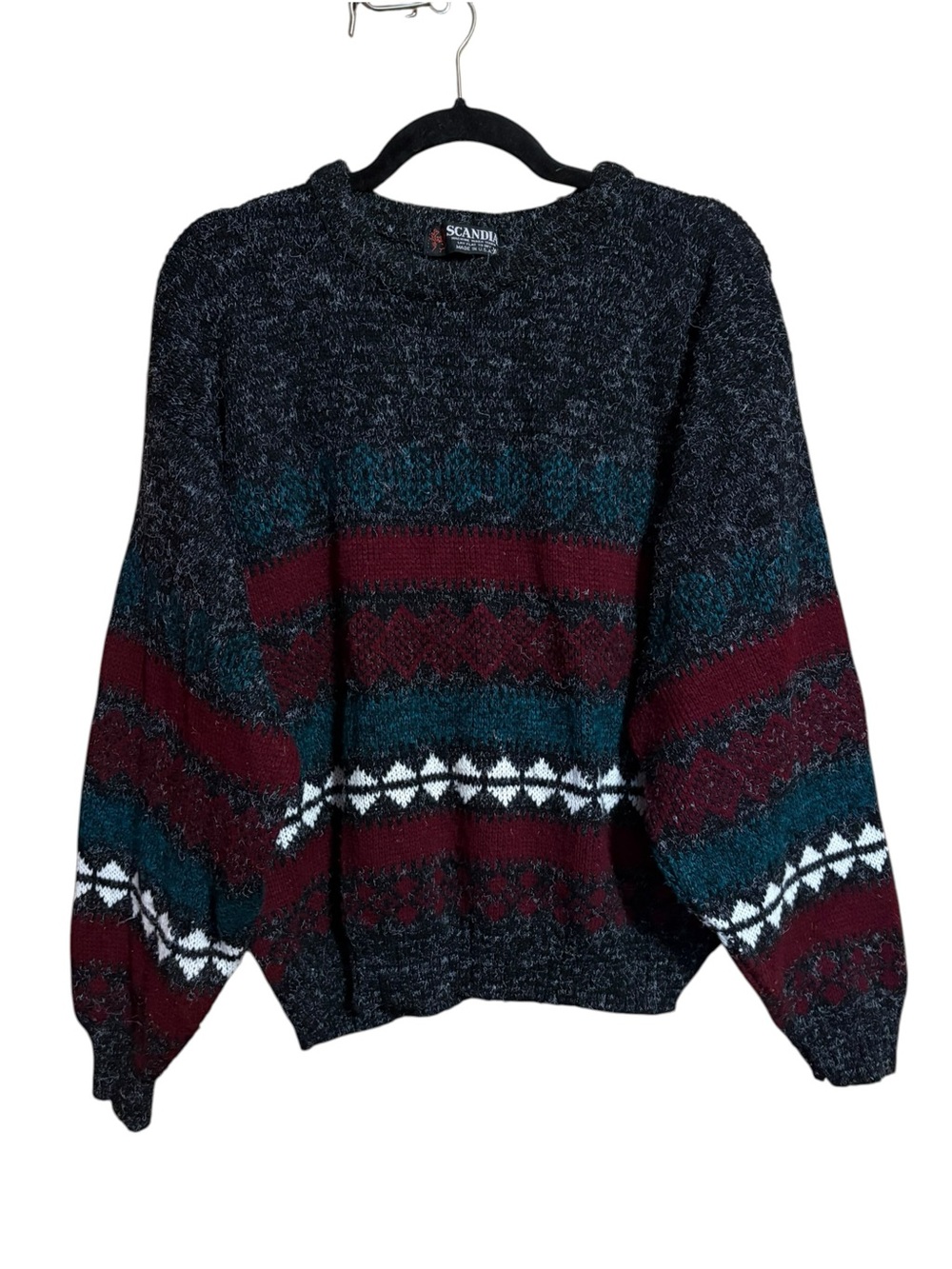 Vintage 80s Scandia Acrylic Knit Black Burgundy Teal White Crewneck Sweater XL